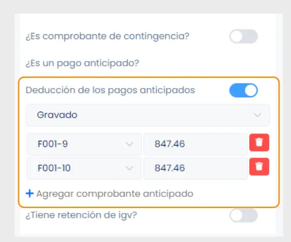 Cómo emitir comprobantes por pagos anticipados y su deducción — captura 10