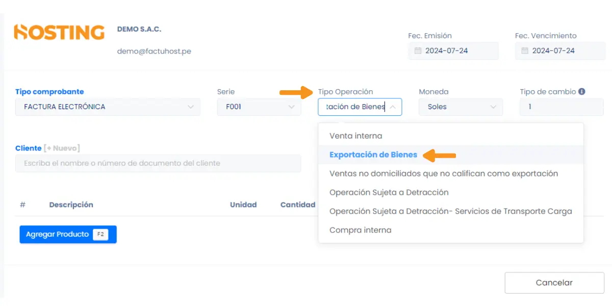 Emitir comprobante de exportación — captura 1