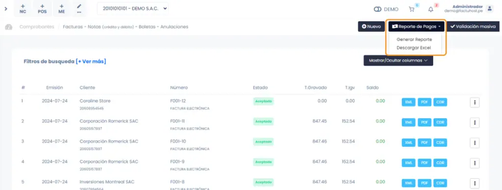 Lista de Comprobantes : Acciones — captura 3