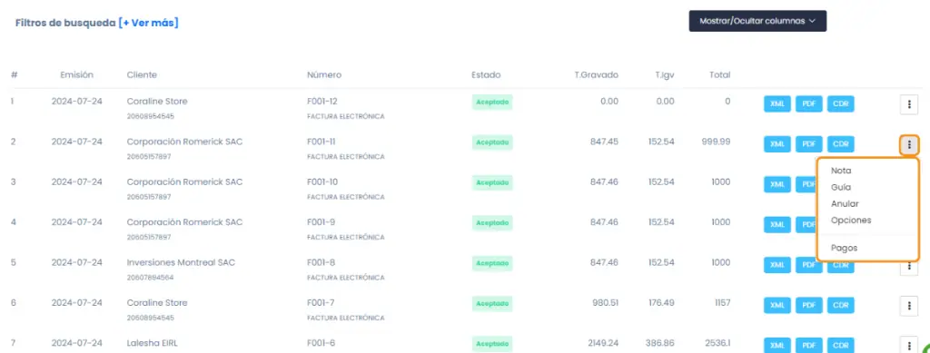Lista de Comprobantes : Acciones — captura 10