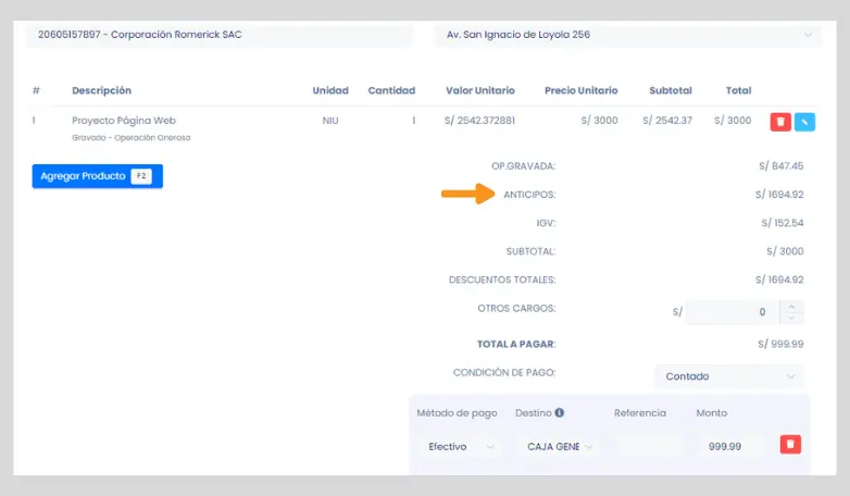 Cómo emitir comprobantes por pagos anticipados y su deducción — captura 11
