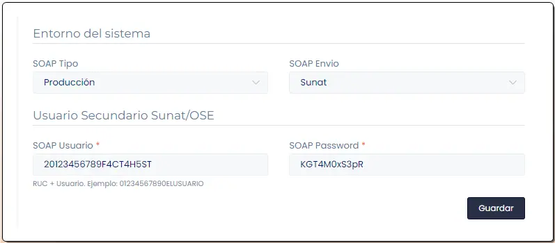 Paso 2: Configurar usuario secundario SUNAT en FactuHost — captura 7
