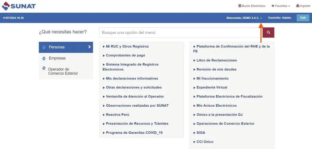Paso 1: Creación de usuario secundario en plataforma SUNAT — captura 1