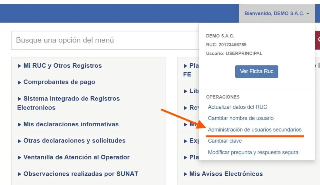 Paso 1: Creación de usuario secundario en plataforma SUNAT — captura 2