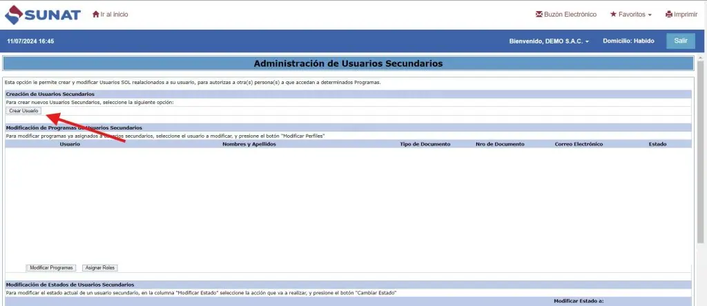 Paso 1: Creación de usuario secundario en plataforma SUNAT — captura 3