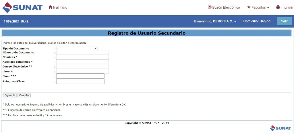 Paso 1: Creación de usuario secundario en plataforma SUNAT — captura 4