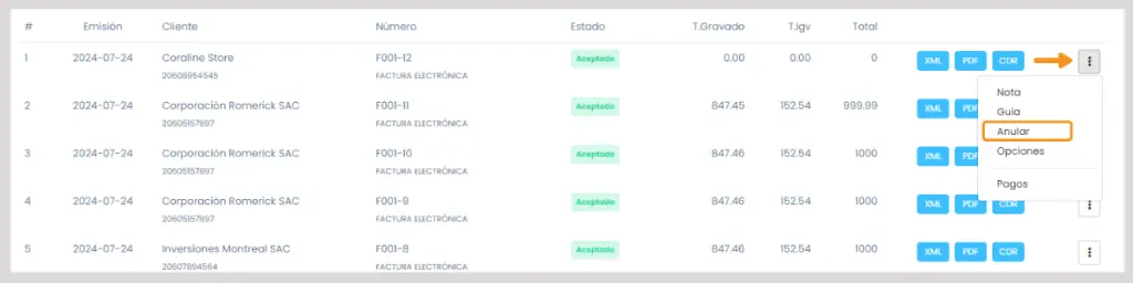 Anulación de comprobantes automática en Sunat y actualización en el sistema — captura 1