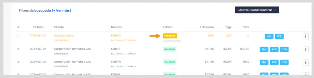 Anulación de comprobantes automática en Sunat y actualización en el sistema — captura 3