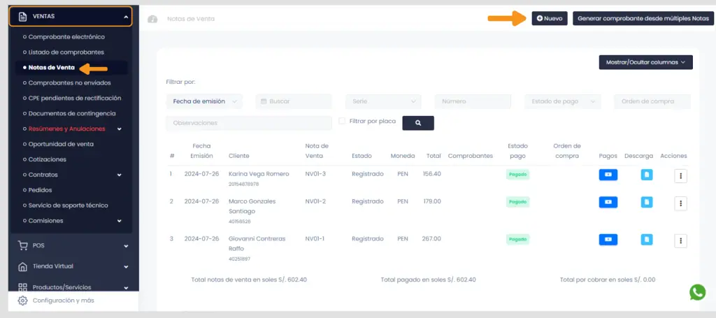 Cómo crear Notas de Venta — captura 1