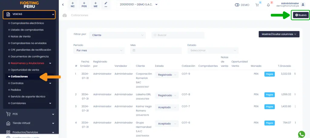Documentos pre - venta: Cotizaciones — captura 1