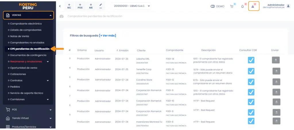 Comprobantes pendientes de rectificación — captura 1
