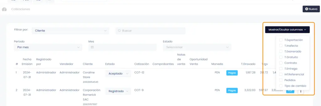 Documentos pre - venta: Cotizaciones — captura 6