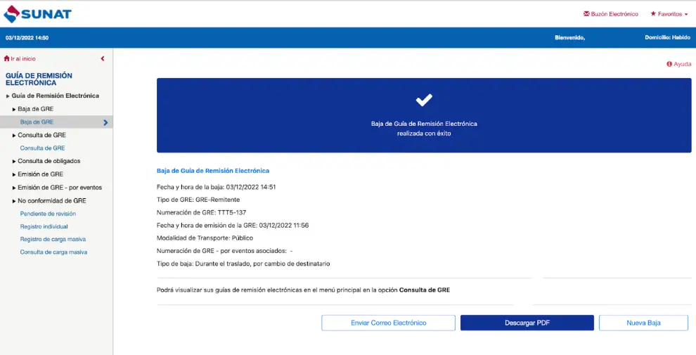 Dar de baja una guía de remisión en SUNAT — captura 3