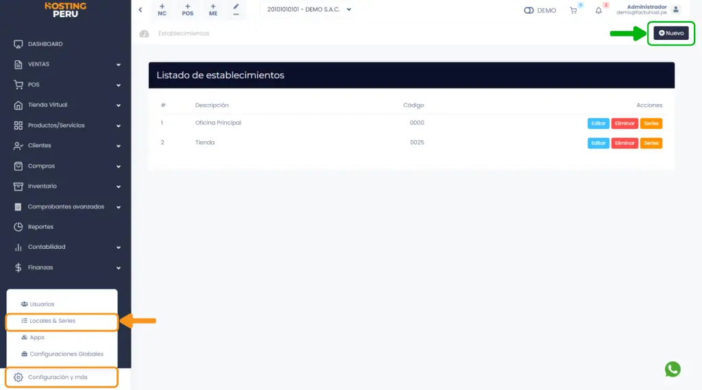 Crear establecimientos y gestionar series — captura 1