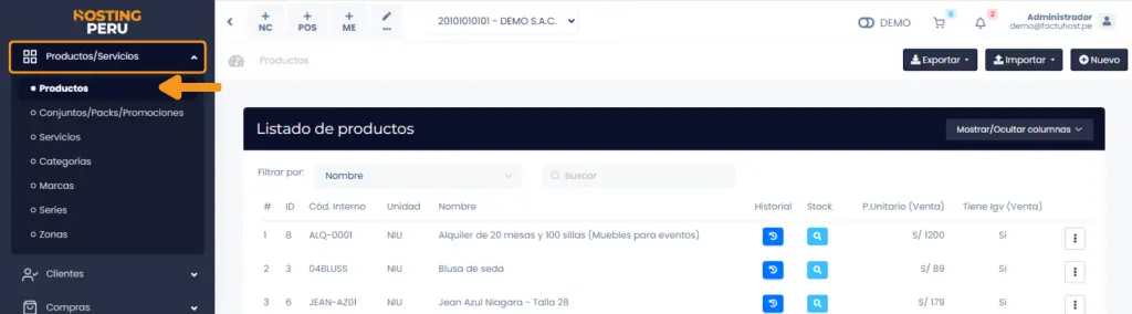 Listado de productos — captura 1