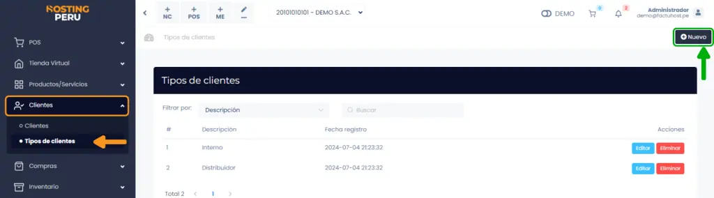 Tipos de clientes: cómo configurarlos — captura 1