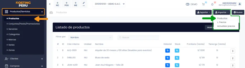 Productos: Importar masivamente — captura 1