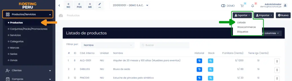 Productos: Exportar masivamente — captura 1