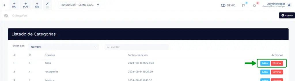 Gestionar categorías de productos — captura 3