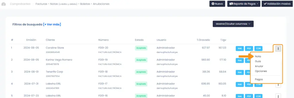 Cómo emitir Notas de Crédito y Débito — captura 2