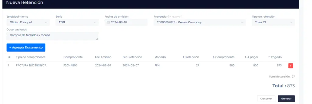 Crear documentos de percepción — captura 1