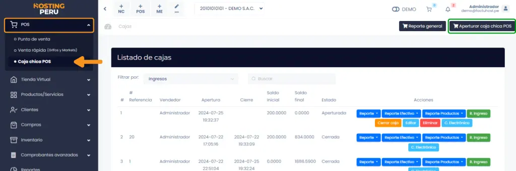 Abrir una caja y exportar reportes — captura 1