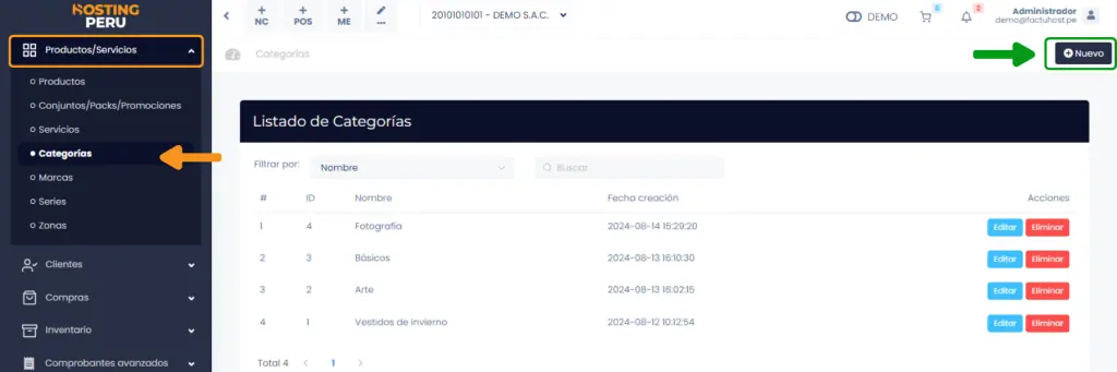Gestionar categorías de productos — captura 1