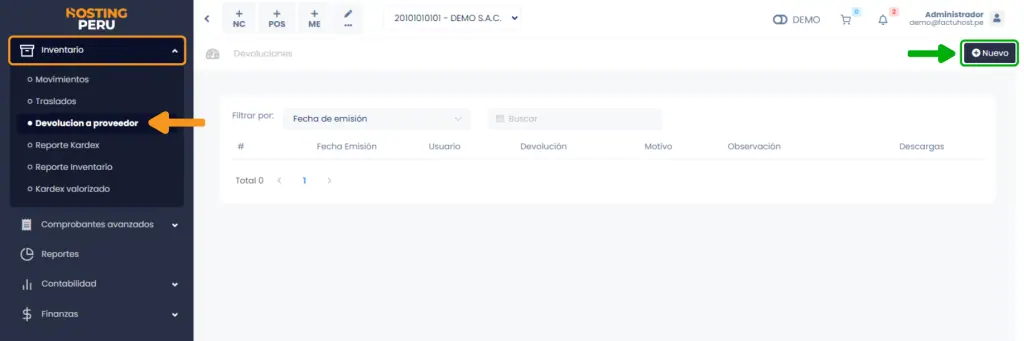 Devolución a proveedor — captura 1