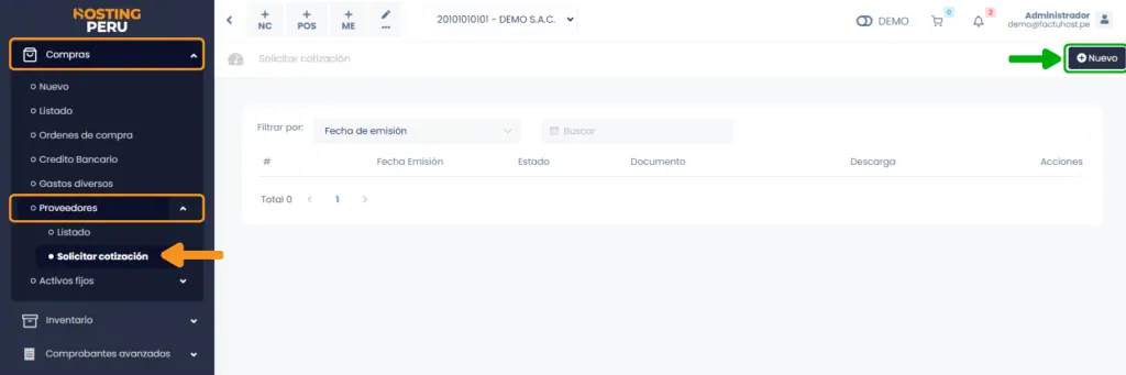 Proveedores: Solicitar cotización — captura 1