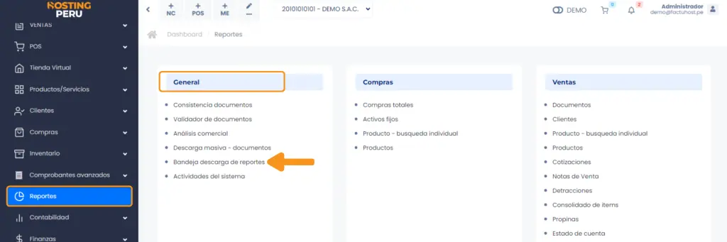 General: Bandeja descarga de reportes — captura 1