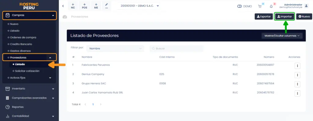 Proveedores: Importación masiva — captura 1