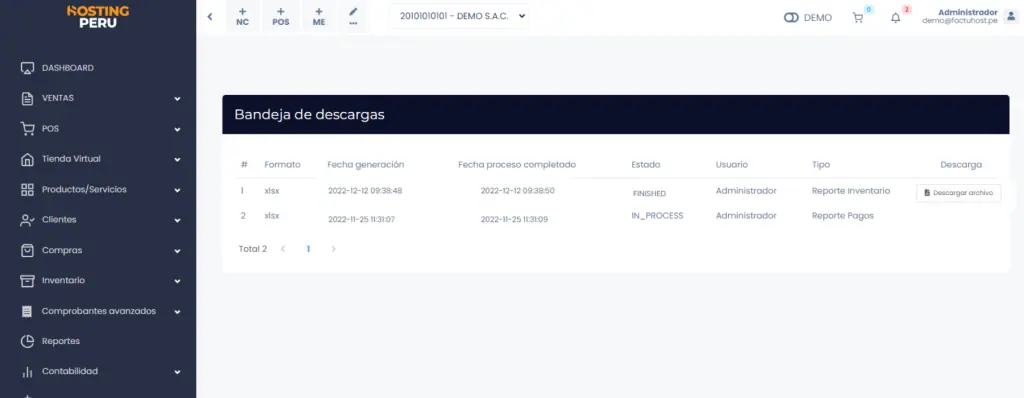 General: Bandeja descarga de reportes — captura 2